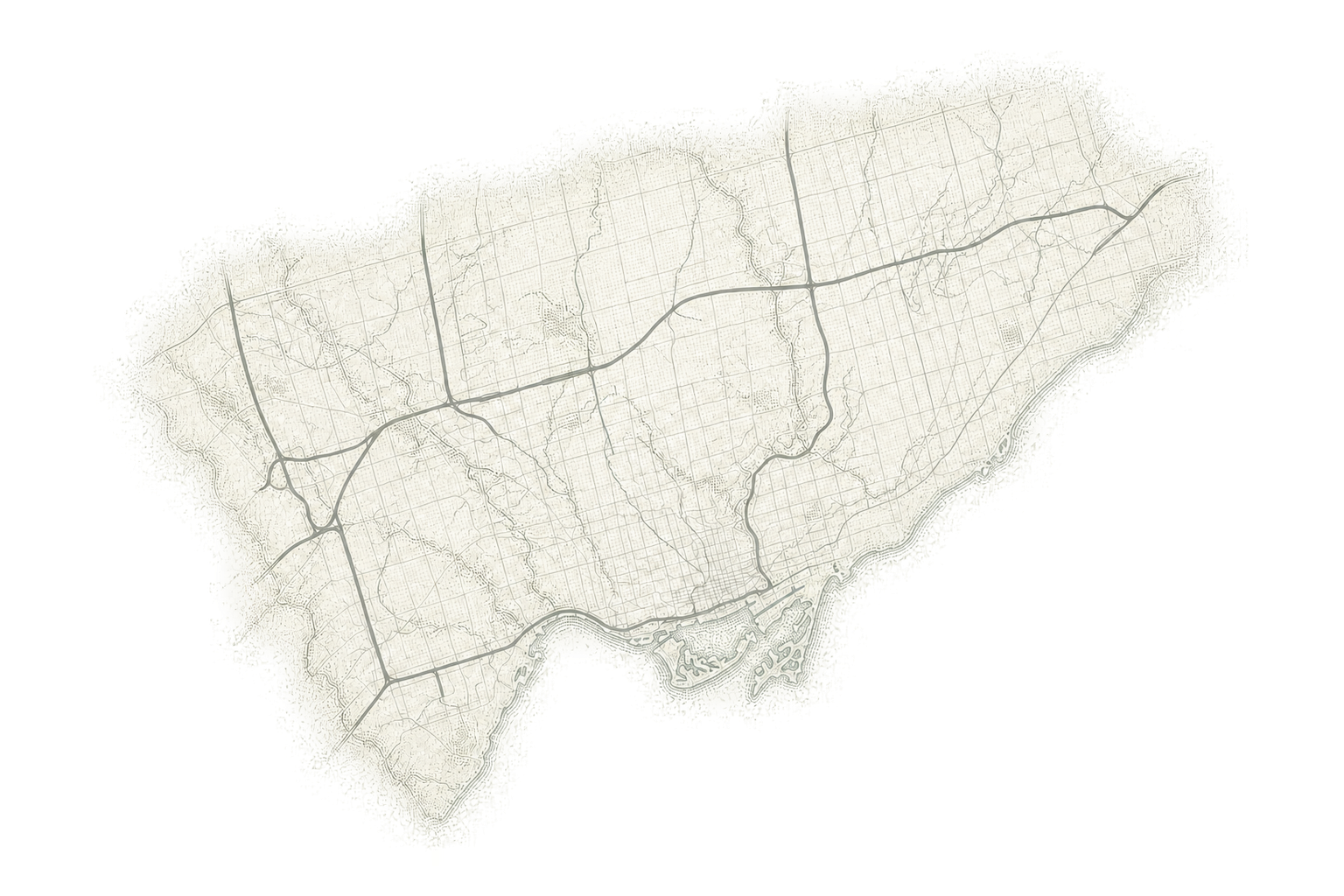 Editorial map of the Greater Toronto Area showing Toronto and five highlighted communities.