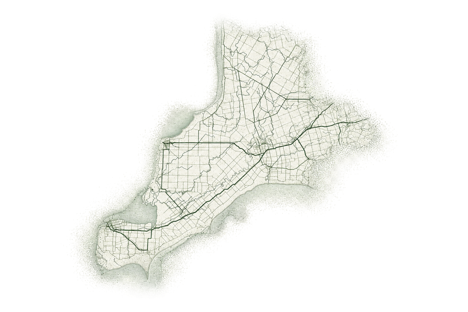 Editorial map of MCITY's connected Southwestern Ontario service footprint with five highlighted communities.