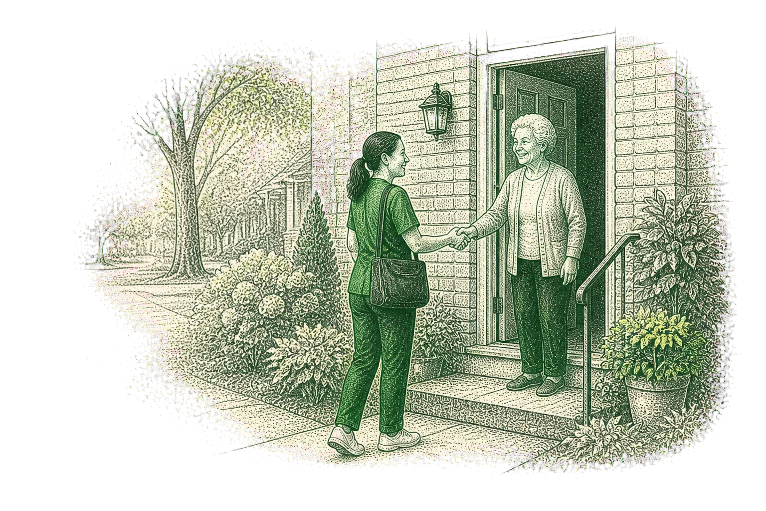 Pointillist illustration of a care professional arriving at an older adult's home.