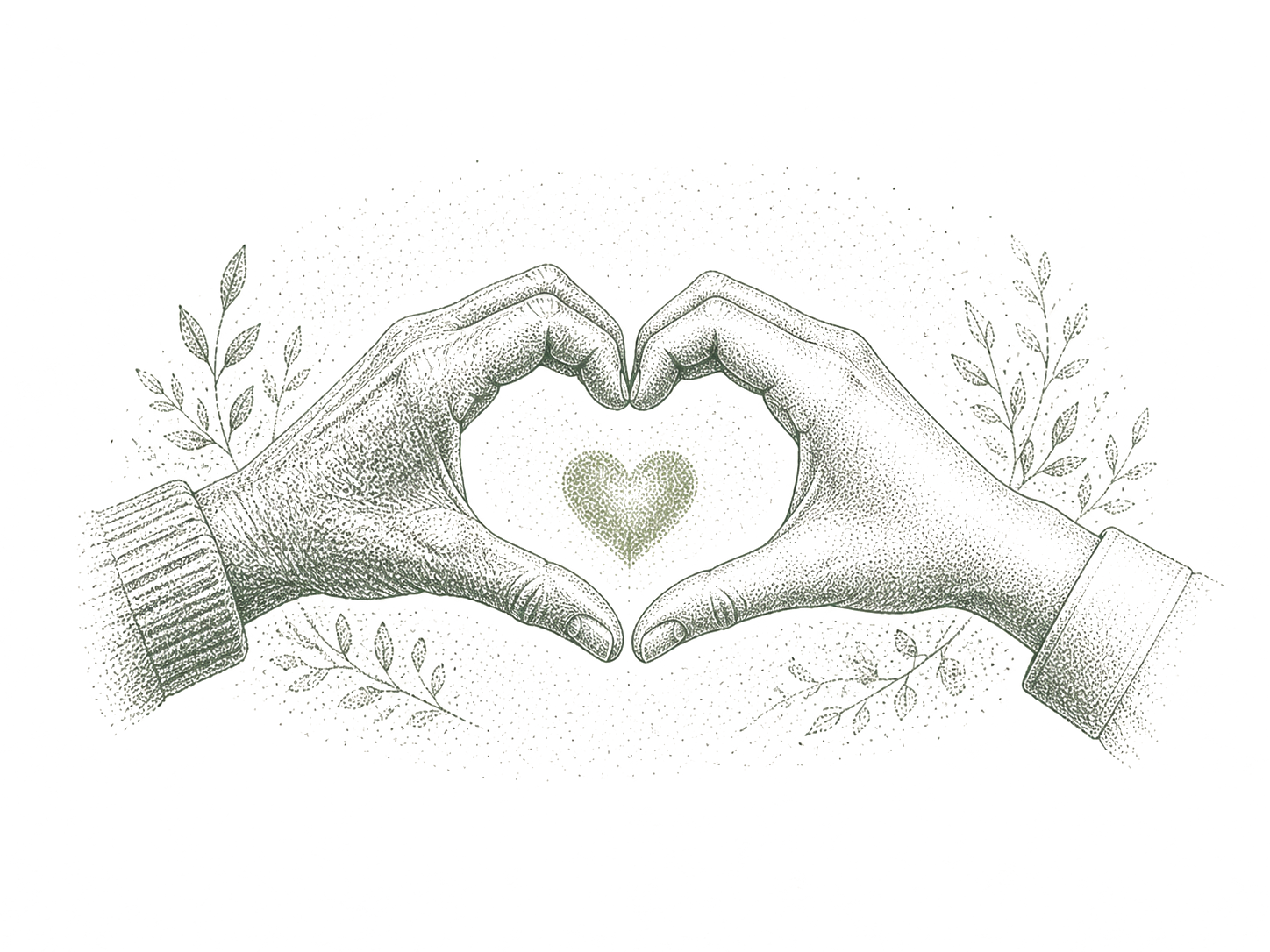 Dotted editorial illustration of two hands forming a heart around a smaller heart.