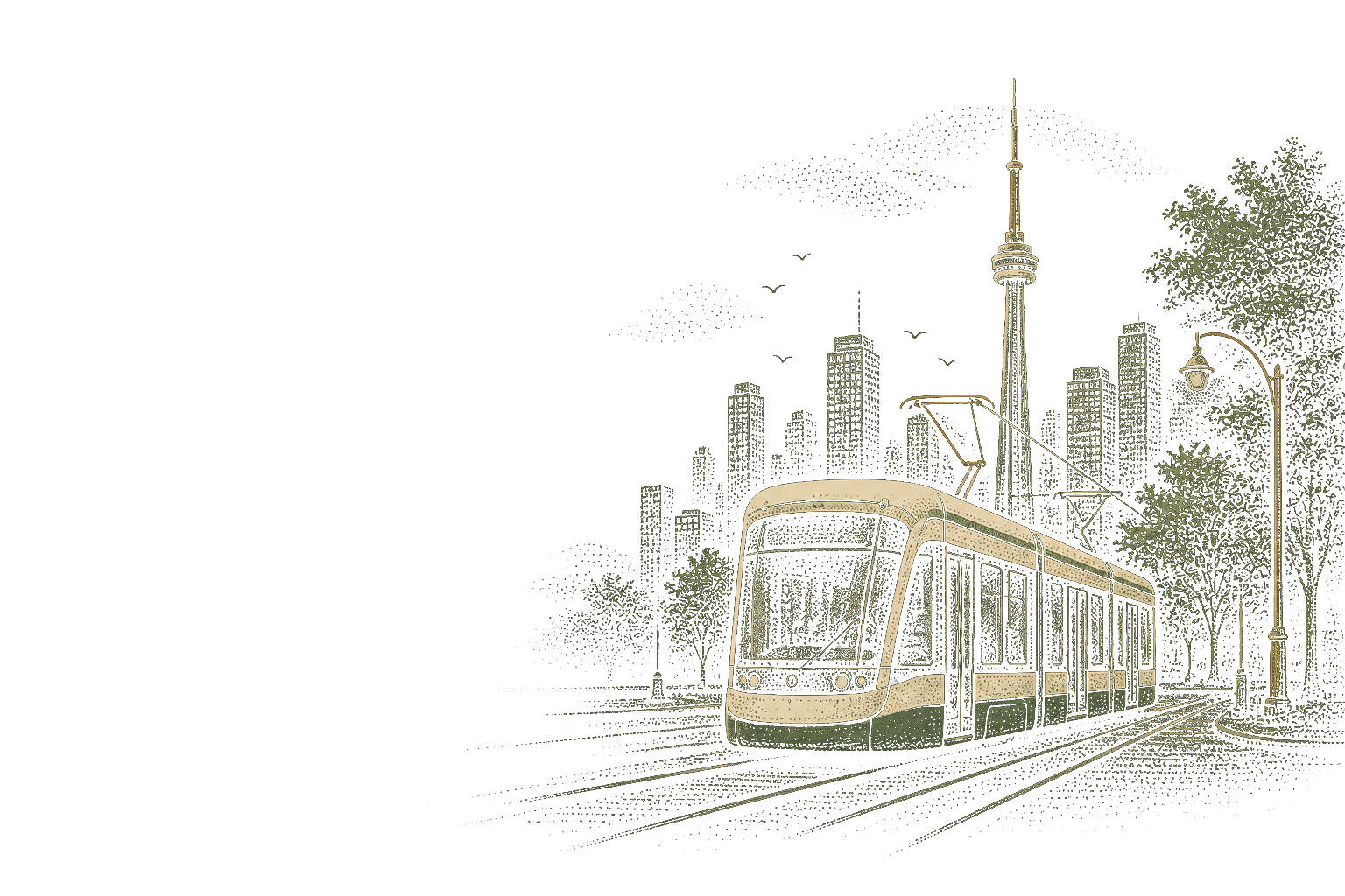 Dotted editorial illustration of a Toronto streetcar traveling past the skyline and CN Tower.